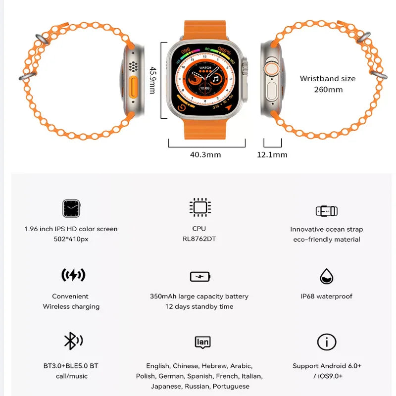 Watch Ultra Series 8 49mm APPL Logo For iPhone & Android (Orange)